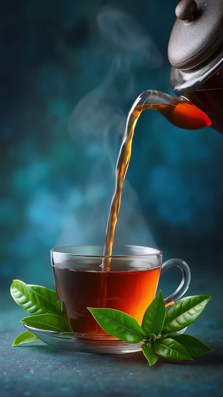 A cup of tea being poured into a glass cup with green leaves