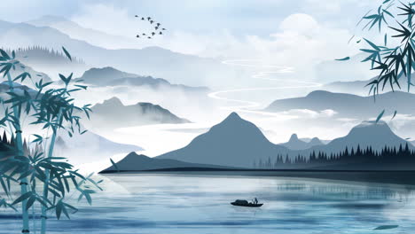 Daytime-ancient-traditional-Chinese-Japanese-Atmospheric-style-ink-landscape-animation-title-material-Painting-of-beautiful-calm-trees,-mountains,-flowers,-lake,-water,-birds,-blue-sky,-boat