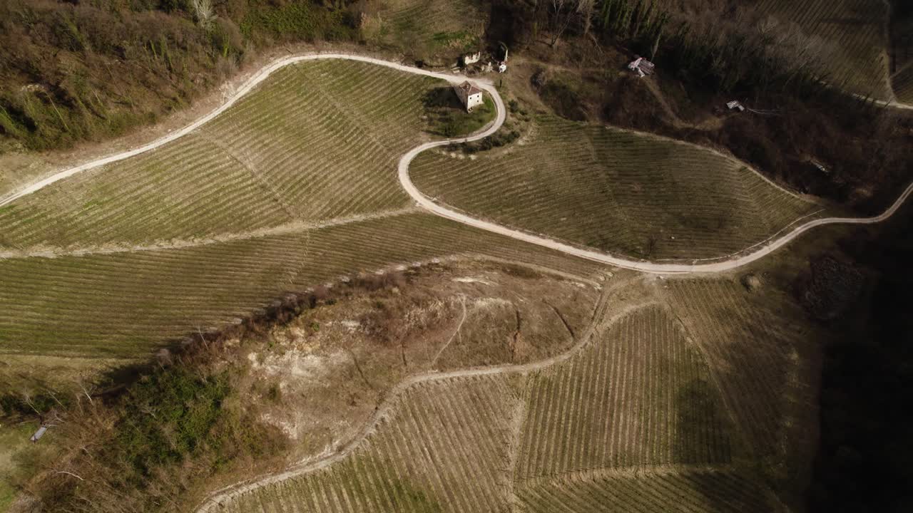 vista aérea del paisaje de una carretera que serpentea a través de hileras de viñedos en las colinas italianas de prosecco, en un día de invierno