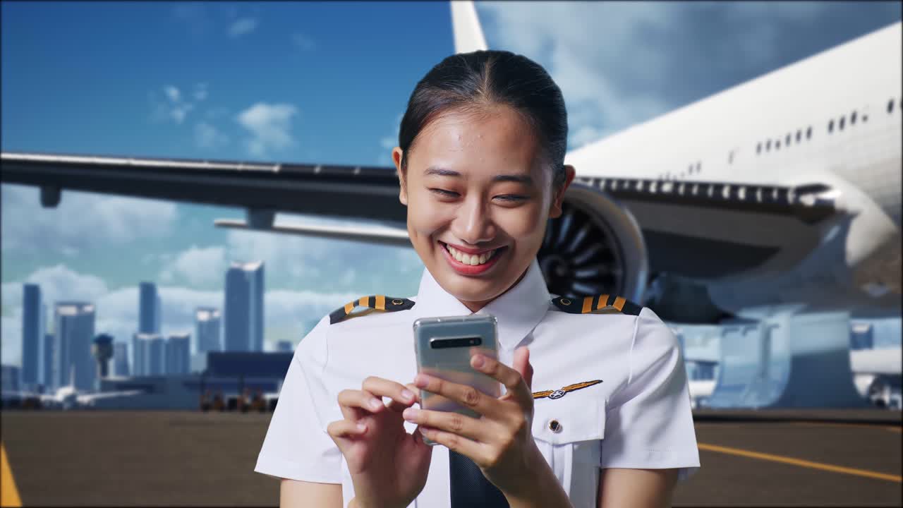 close up de una mujer piloto asiática sonriendo y usando un teléfono inteligente mientras está de pie en el aeródromo con el avión en el fondo