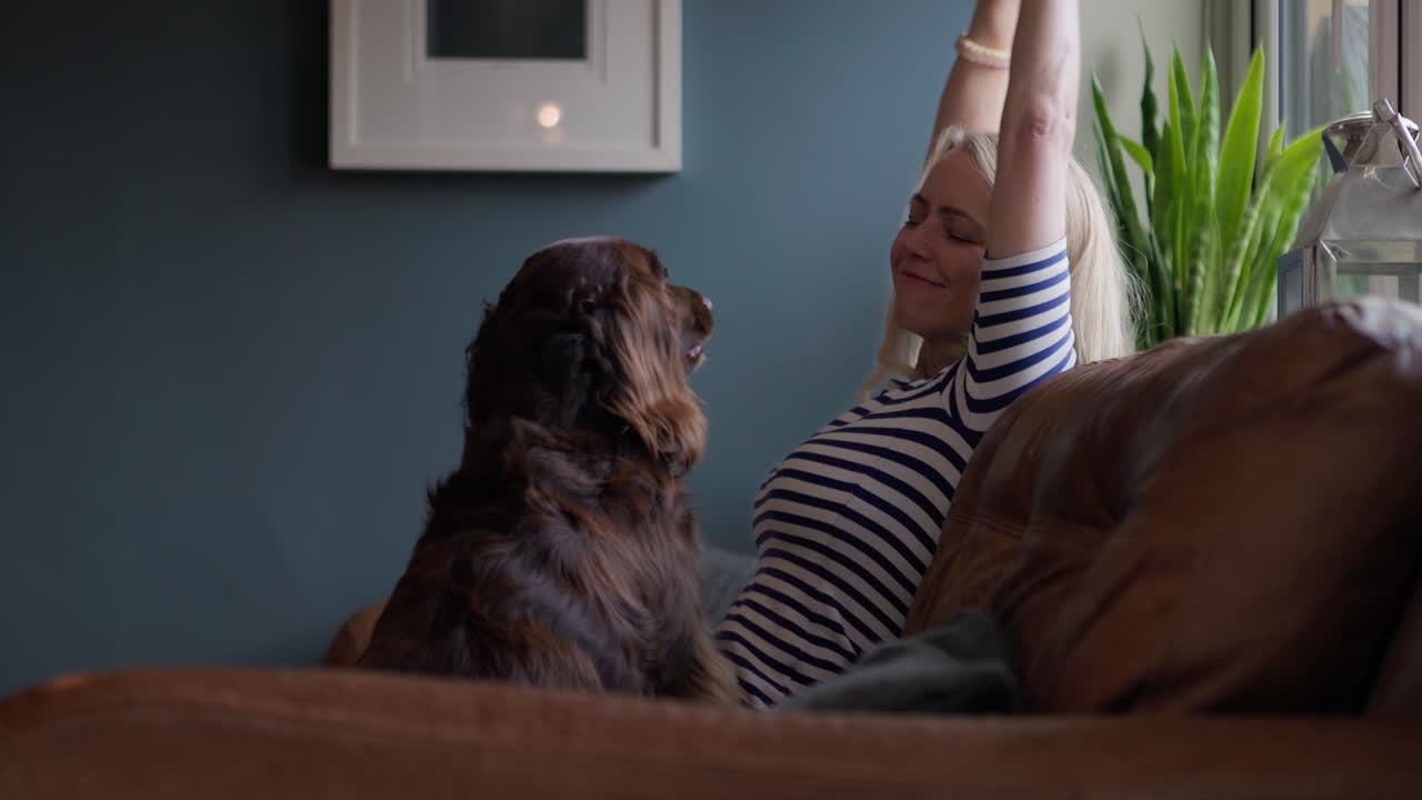 Woman petting her dog on the couch