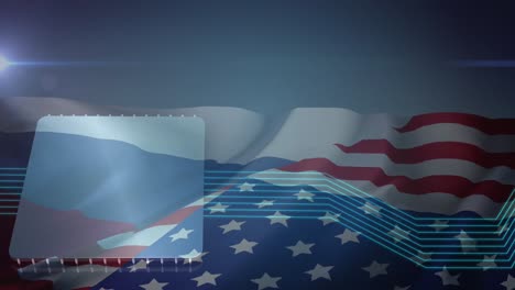 Animation-of-padlock-and-data-processing-over-flag-of-russia-and-united-states-of-america