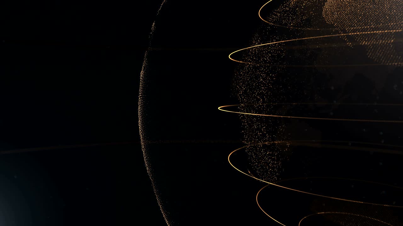 추상적인 구. 절단된 구. 금색, 오렌지색 점들이 선으로 연결된 구. 세계화 인터페이스. 행성이 오른쪽에 움직이고 있다.