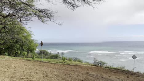 A-peaceful-coastal-scene-featuring-the-calm-ocean-waves,-green-foliage,-and-a-gentle-slope-leading-to-the-shore