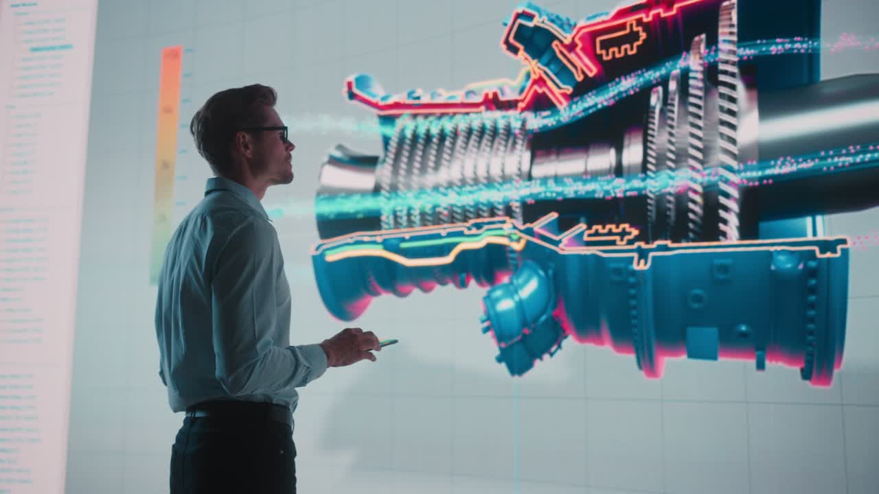 Innovative Green Energy Startup: Engineer Designing Engine Using Tablet Computer and Big Wall Screen to Analyse Prototype. Concept for Sustainable Environmnetally Friendly Zero Emissions Turbine