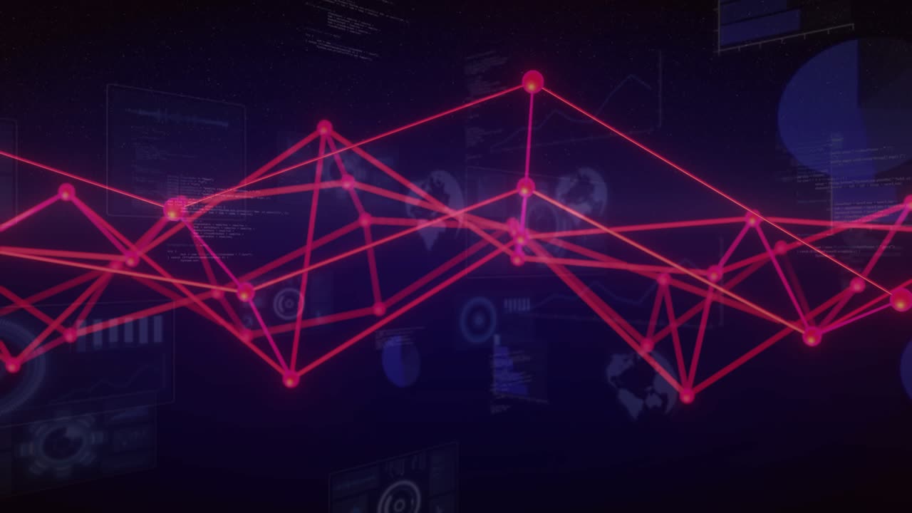 Upon start, red wireframe mesh oscillating, nodes pulsing to represent data flow, UI icons sliding
