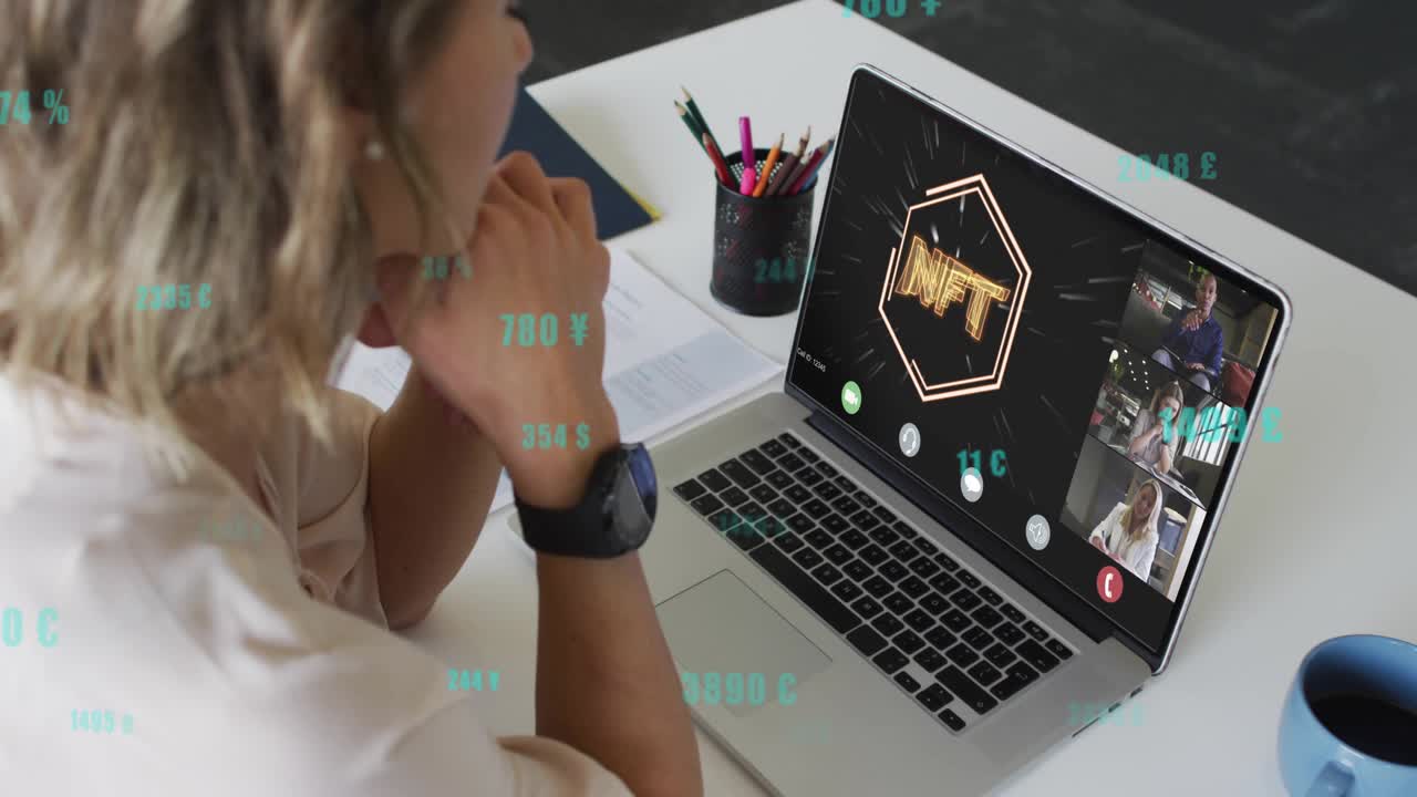 Pro watching laptop, team starting NFT logo animating, teal rates drifting over her tracking market