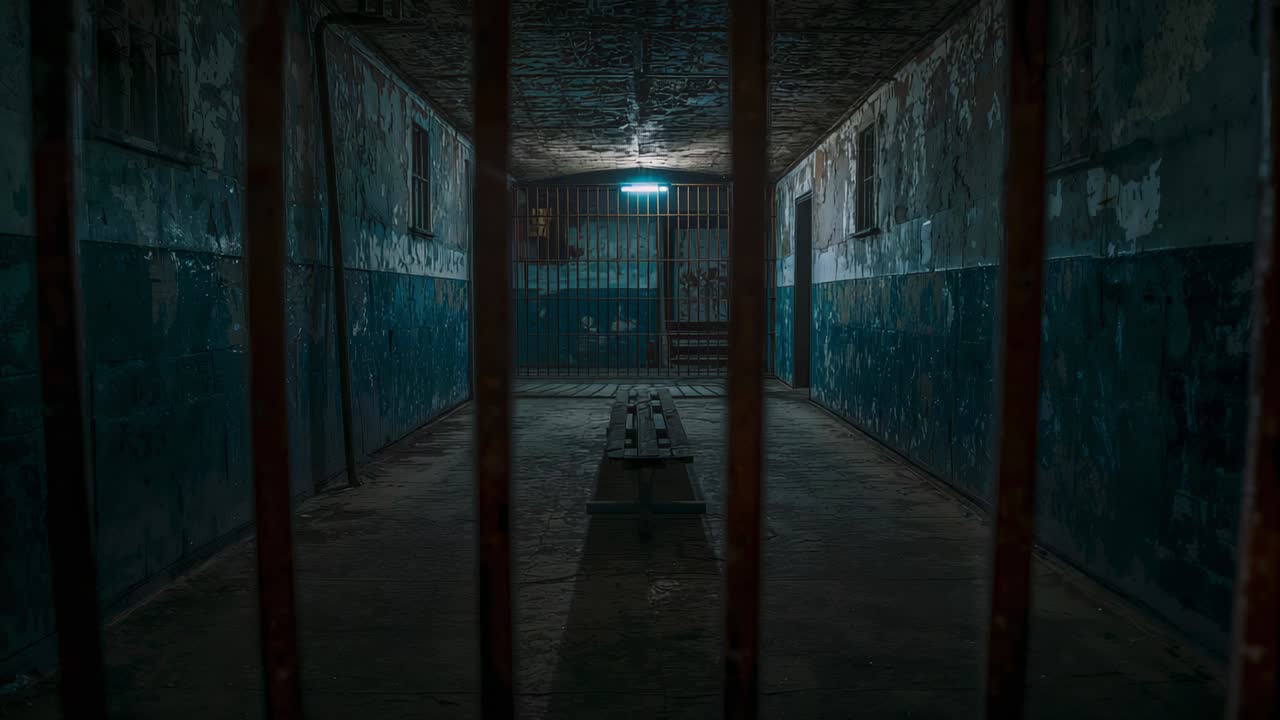 Holding camera behind rusted bars, operator filming decay in cell corridor with bench, barred gate
