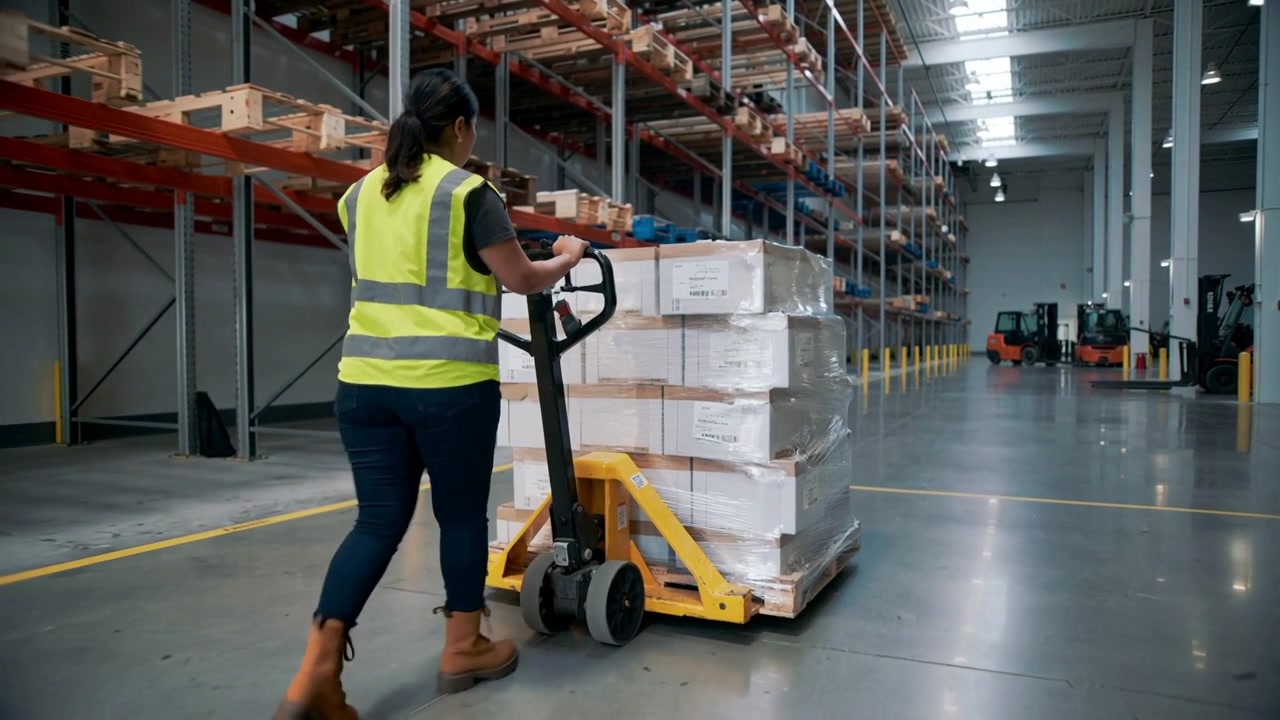 Afferrando la maniglia del transpallet, un operaio con giubbotto ad alta visibilità e stivali spinge un pallet verso i carrelli elevatori nel corridoio di un magazzino.