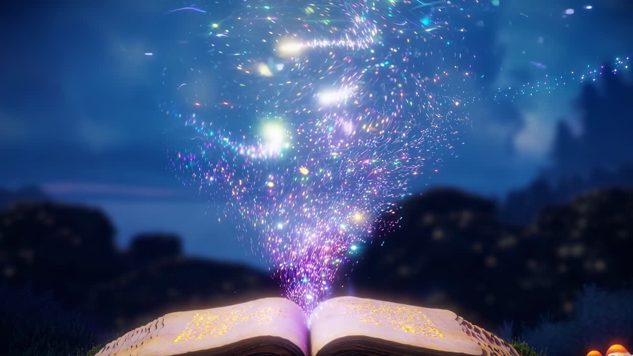 Libro magico con scintille luminose, ripreso dal basso