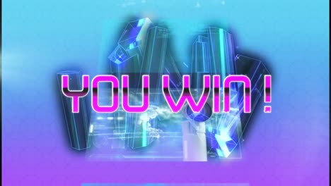 animation of you win text in pink and cluster of metallic shapes on blue background