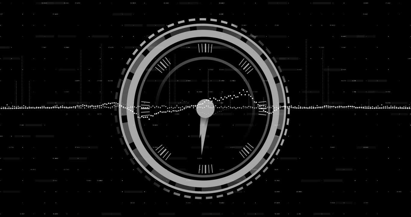 Opening on black static field, white circular UI rotating waveform undulating showing data flow