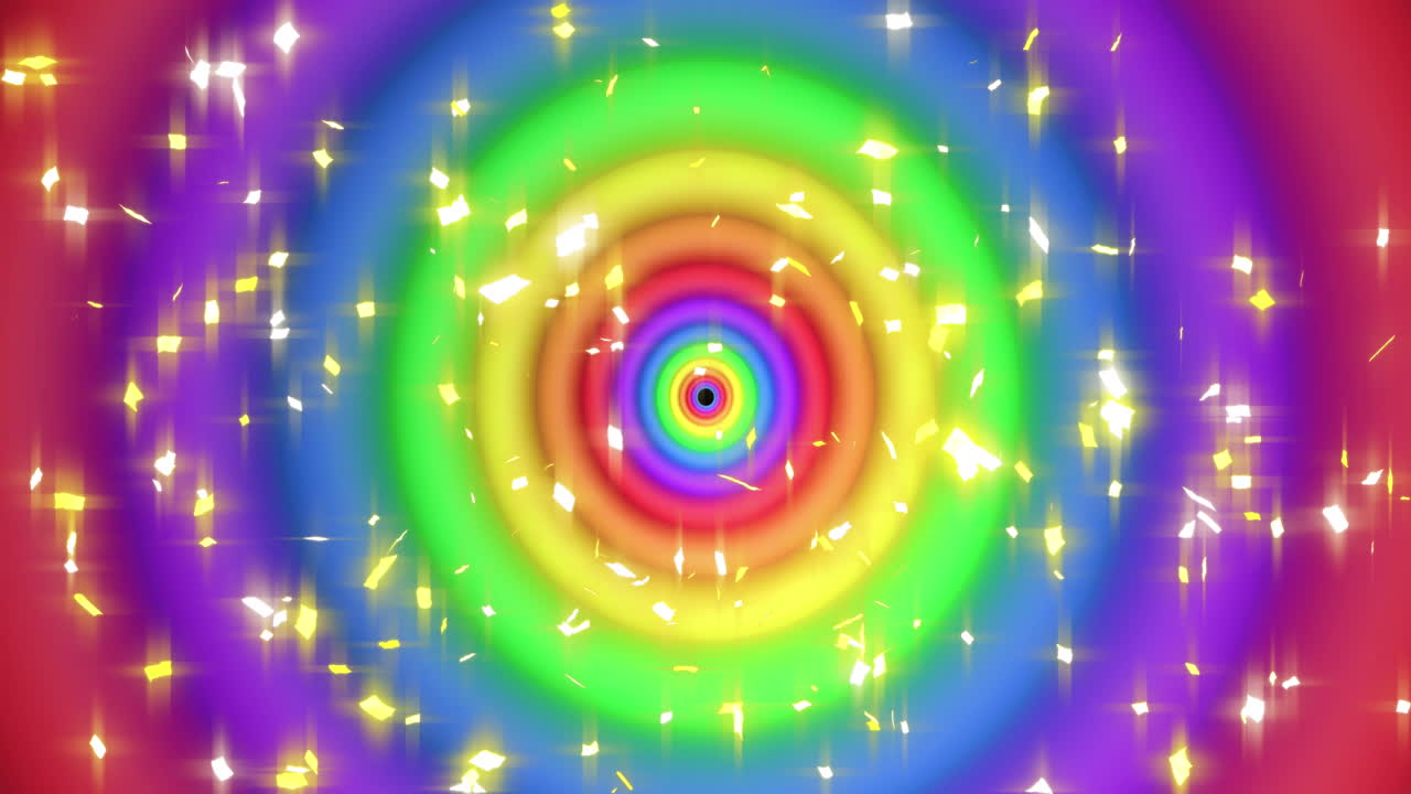 animación de confeti sobre círculos de arco iris y colores que se mueven en un bucle sin costuras