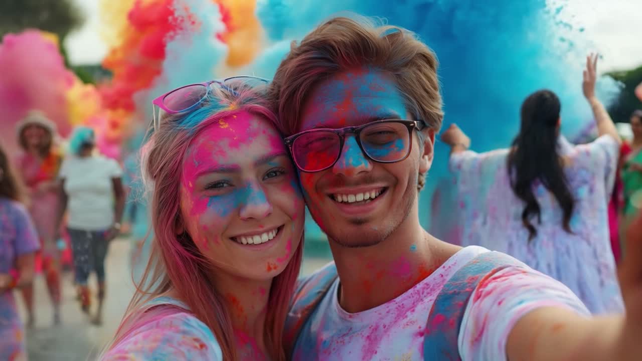Coppia gioiosa che celebra il festival Holi con polveri colorate