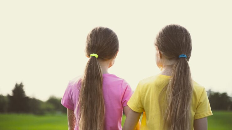 Vista trasera de dos hermanitas tomadas de la mano y caminando juntas en el parque.