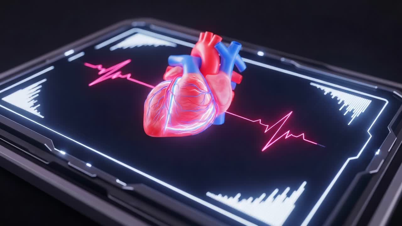 A detailed view of a rendered human heart model showcased on a futuristic screen displaying heart rate and waveform graphs, illustrating the importance of heart health and monitoring