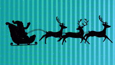 Snow-falling-over-santa-claus-in-sleigh-being-pulled-by-reindeers-on-striped-green-background