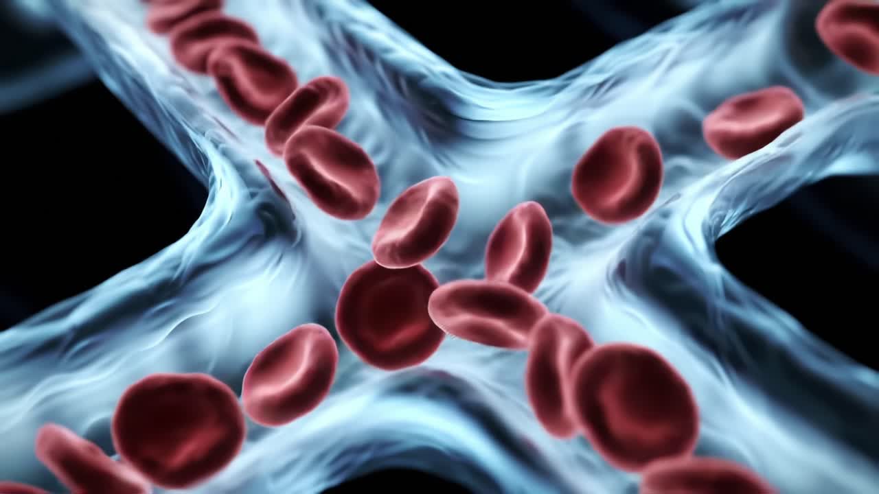Detailed Visualization of Red Blood Cells Flowing Through Capillaries, Highlighting the Intricacies of Human Circulation and Oxygen Transport in the Body