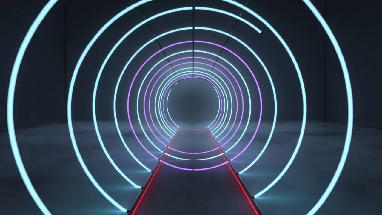 Anelli LED concentrici che pulsano e ruotano in un tunnel, con fotogrammi in avanzamento