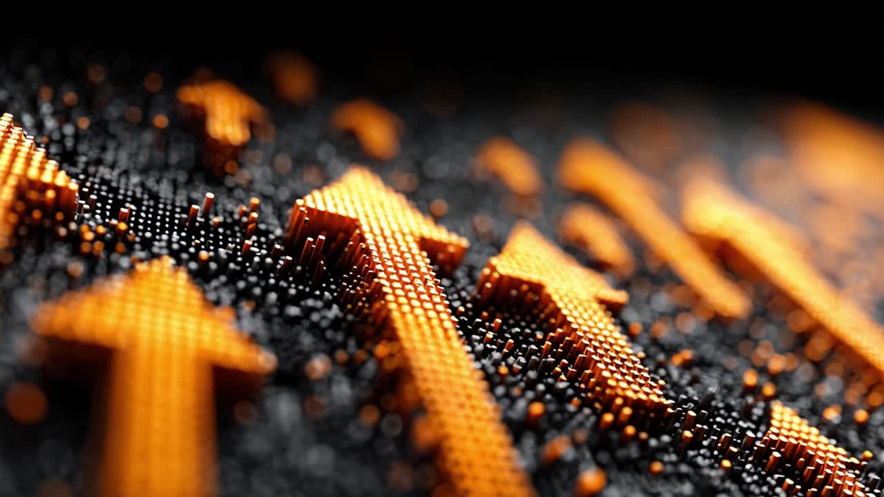 Numerous golden arrows made of pixels rising on a dark surface, symbolizing financial growth, business improvement, market trends, and overall positive development in a competitive environment