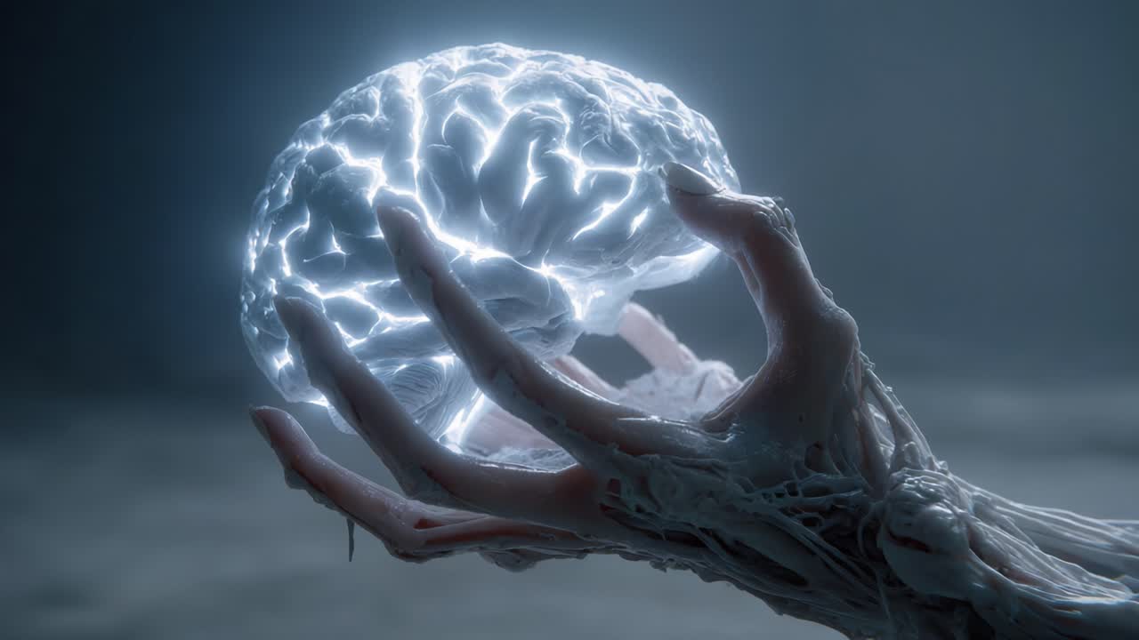 A Surreal Representation of a Hand Holding a Radiant Brain, Symbolizing the Intersection of Consciousness, Technology, and the Human Experience in a Captivating Visual Display