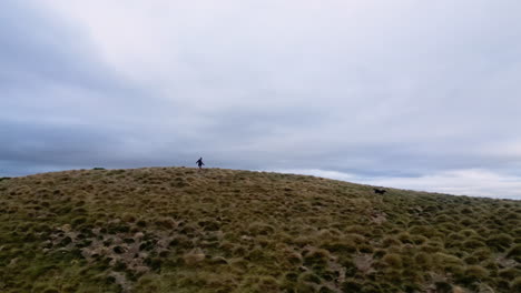 Drone-shot-of-a-woman-running-with-her-dog-at-a-mountain-range