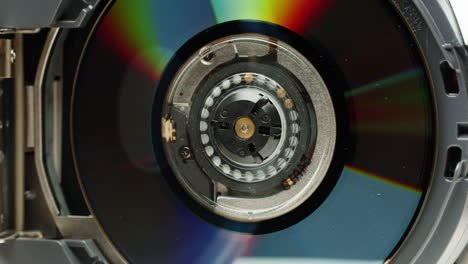 Vintage video-camera with disk inside rotating on black background close-up. Using portable camcorder to shooting videos