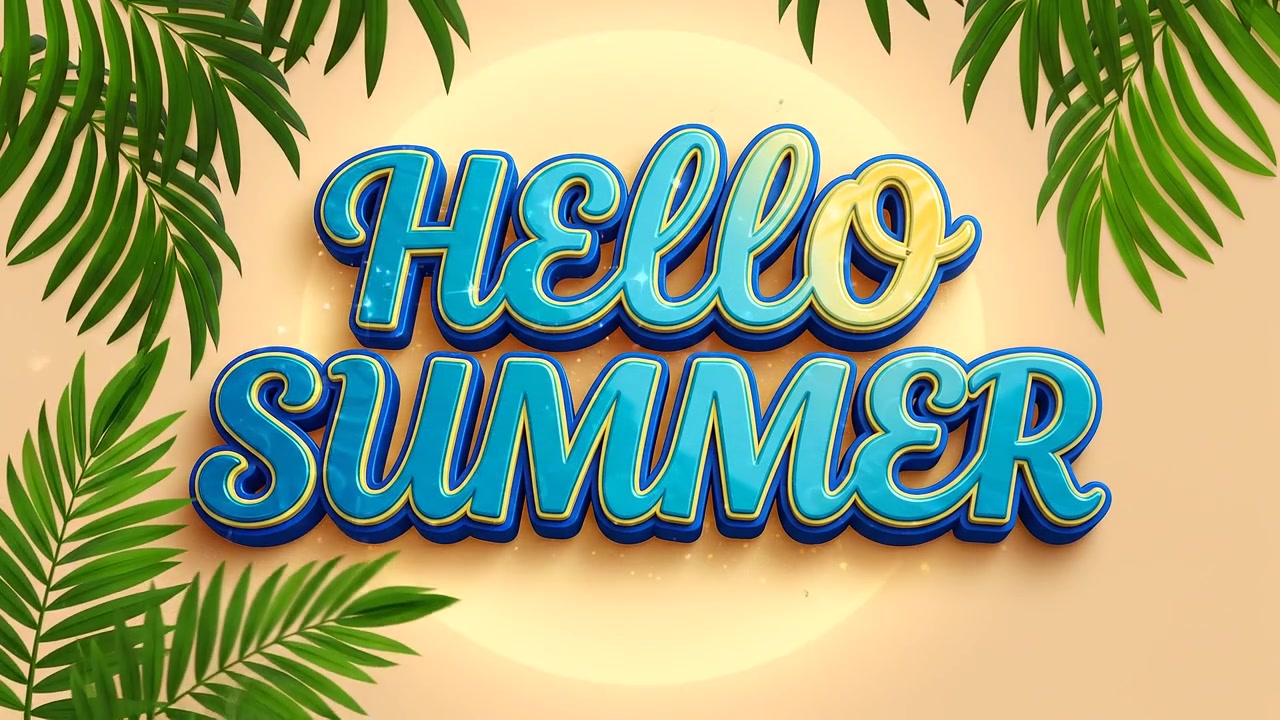 Hello Summer Seasonal Greeting Animation with Script Blue Typography and Tropical Palm Leaves Background