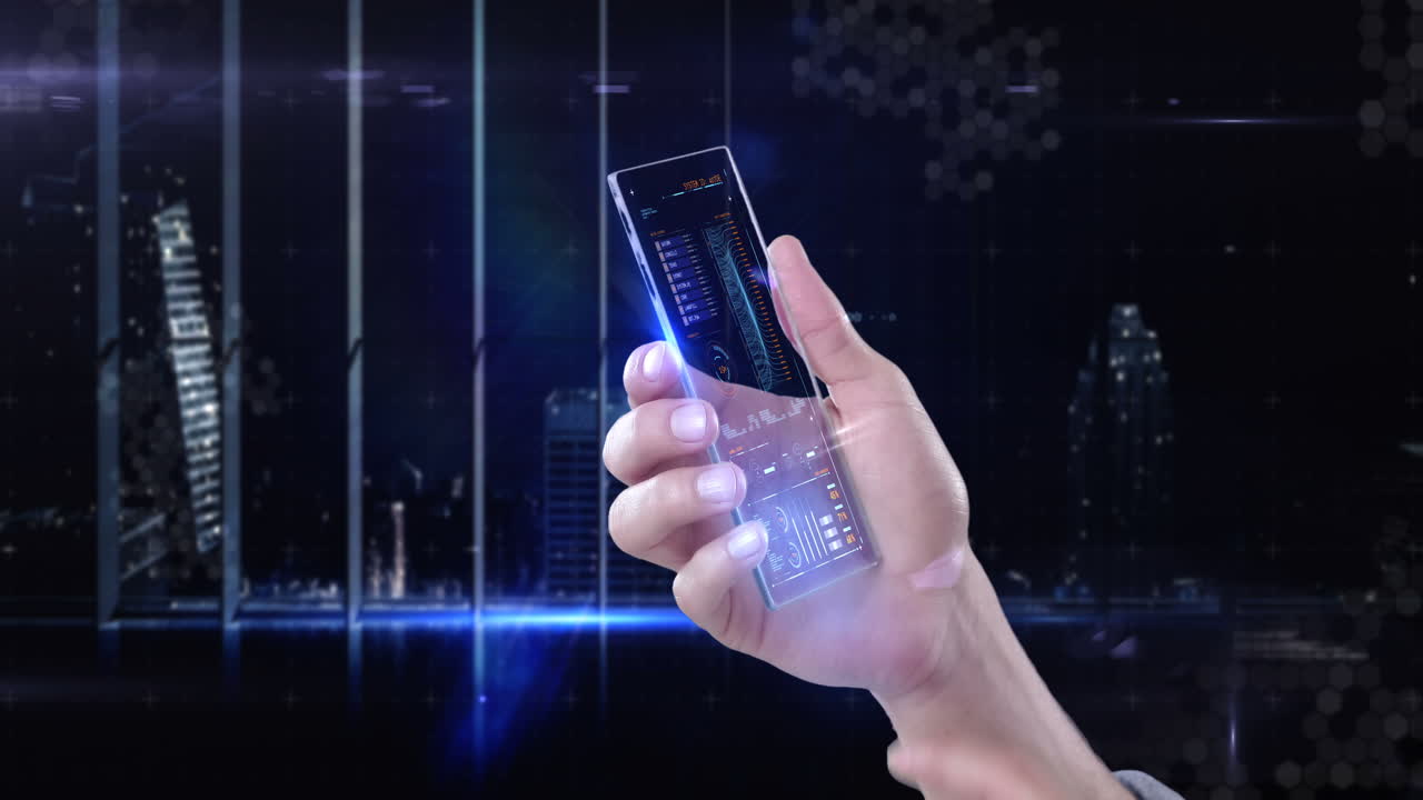 teléfono móvil futurista en la mano contra un fondo generado digitalmente