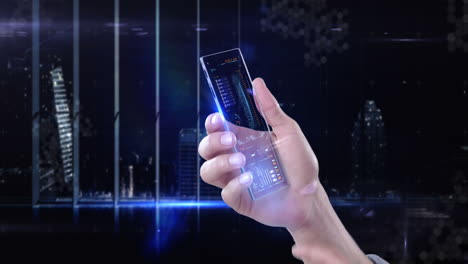 teléfono móvil futurista en la mano contra un fondo generado digitalmente