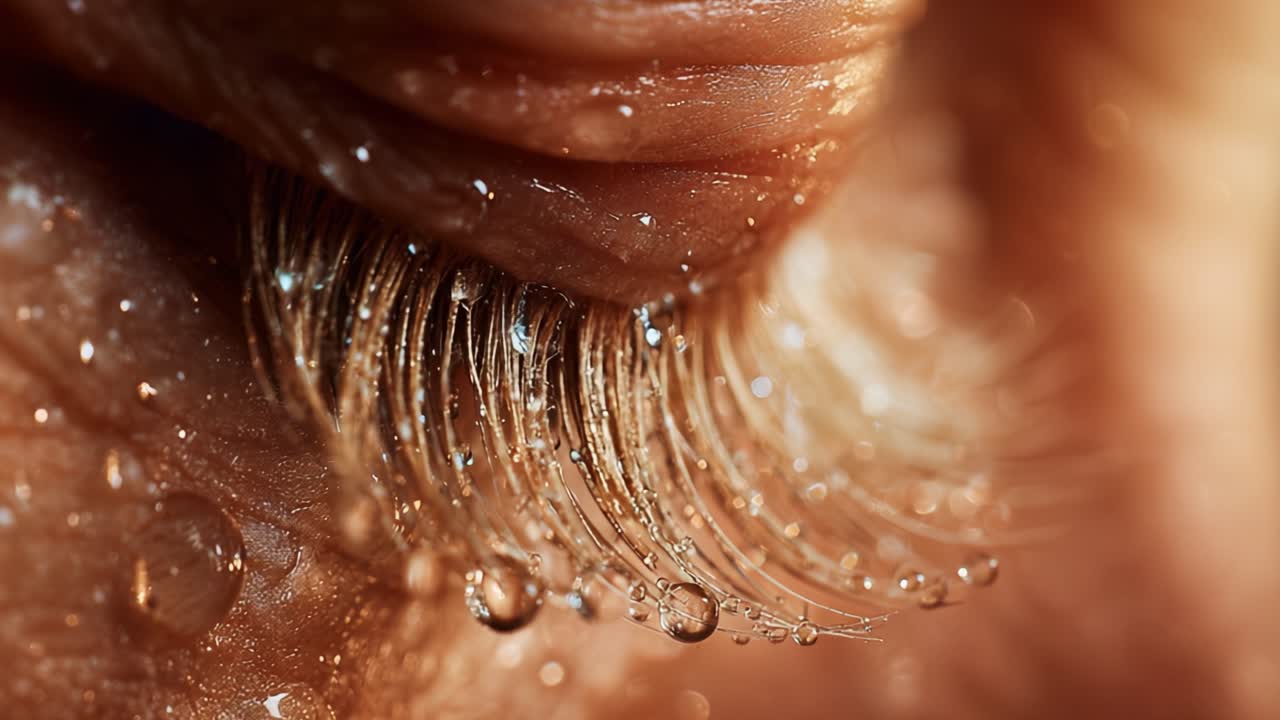 Close-Up of Dewy Eyelashes: A Stunning Transformation of Natural Beauty Captured in Two Frames, Highlighting the Delicate Structure and Moisture of Each Individual Lash