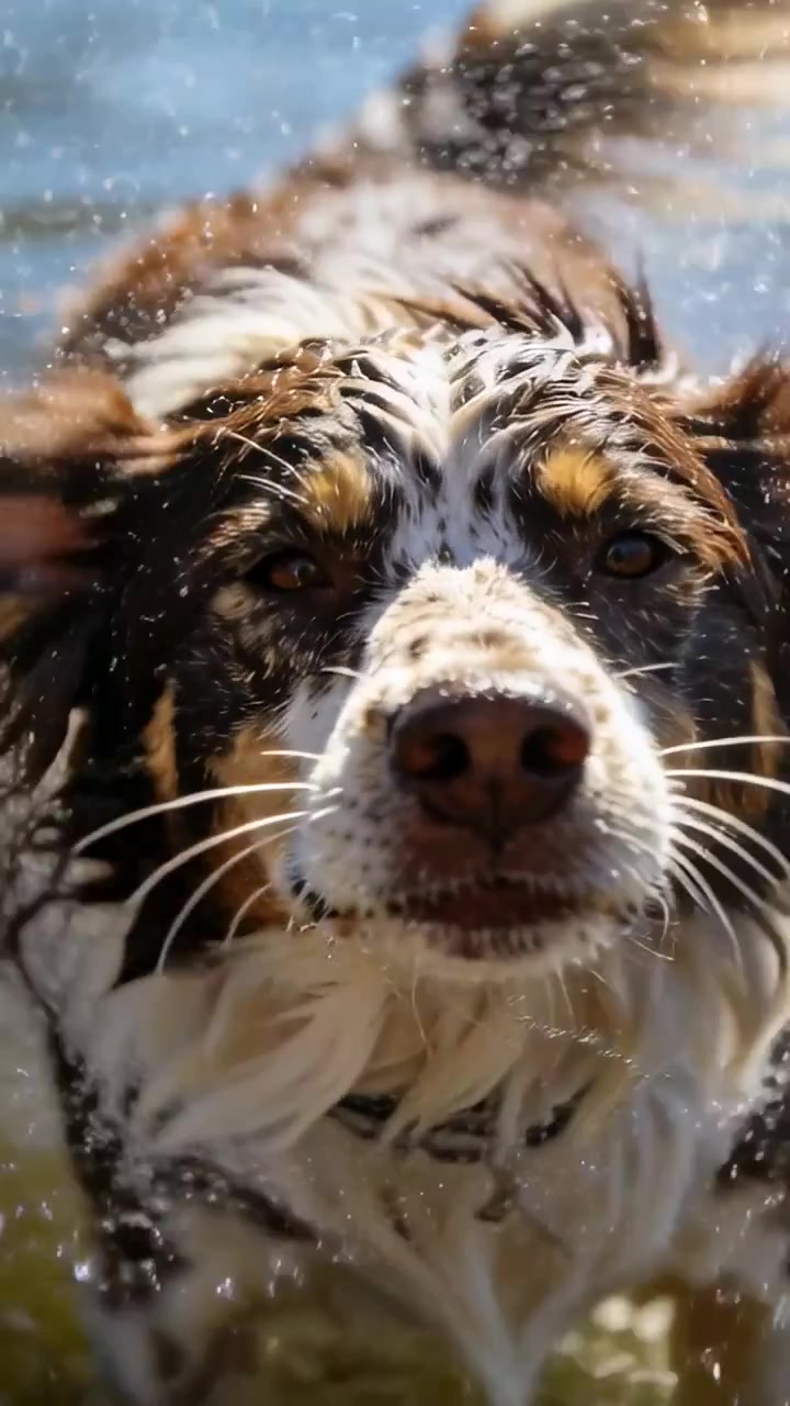 Video verticale: Cane chiazzato emerge e scuote la testa per scrollarsi l'acqua a riva, con goccioline e collare.