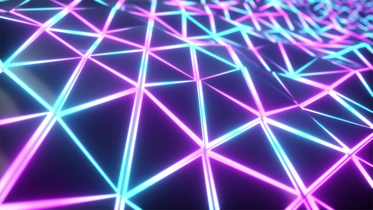 Superficie poligonale astratta CG blu neon. Sfondo animato con triangoli geometrici poligonali luminosi. Animazione 4K in loop continuo.