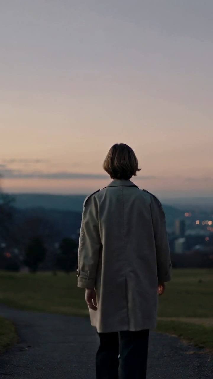 Vertical video: Pausing, stepping woman in beige trench coat walking park path to city lights dusk