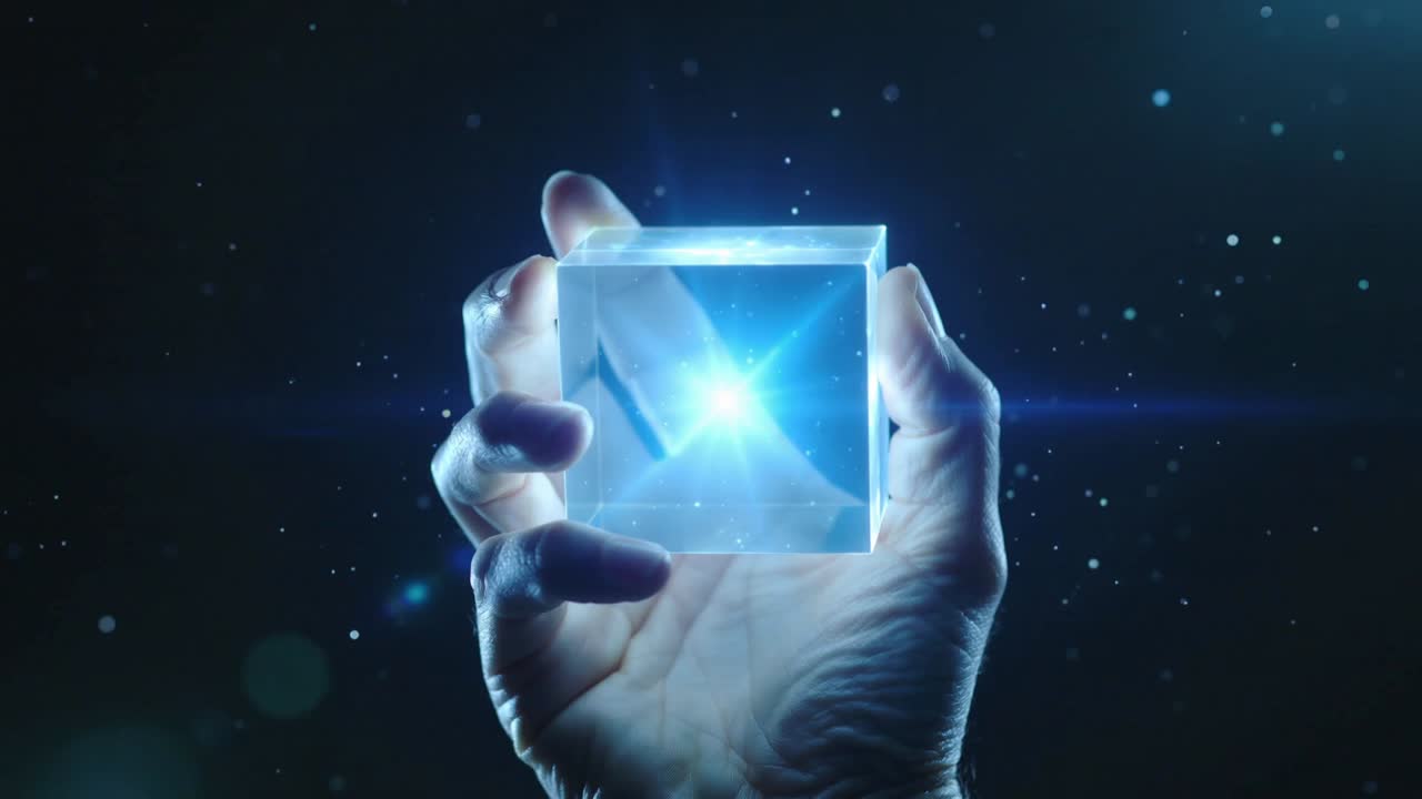 Entering single adult hand holding clear glass cube at chest height, emitting pulsing blue light
