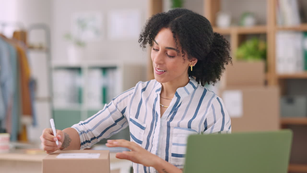Ecommerce, woman and writing on box for retail