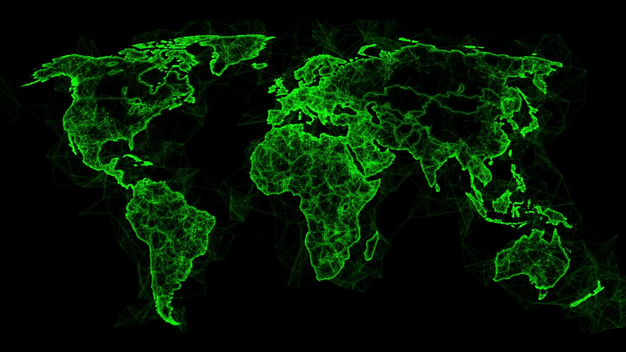 Stylized world map with a green, glowing plexus network effect on a black background. For global business, technology, or data concepts