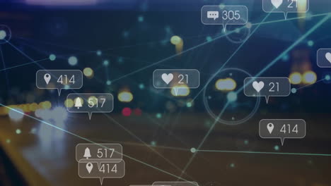 animation of network of connections with icons over night city