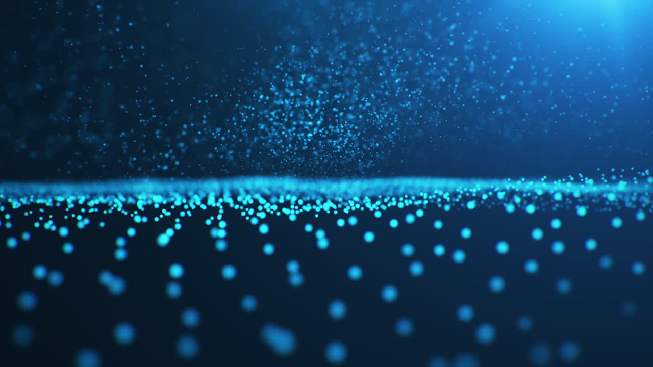 추상적인 사이버 기술: 반이는 입자의 배경, 파동 입자, 반이는 디지털 서명, 데이터 흐름 개념, 데이터 전송, 원활한 루프 가능한 3d, 4k 애니메이션