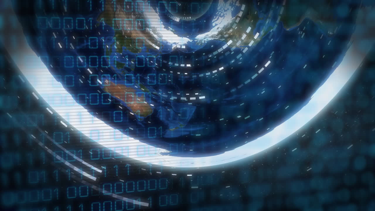 검은 바탕에 있는 세계 지도 위의 데이터 처리 애니메이션