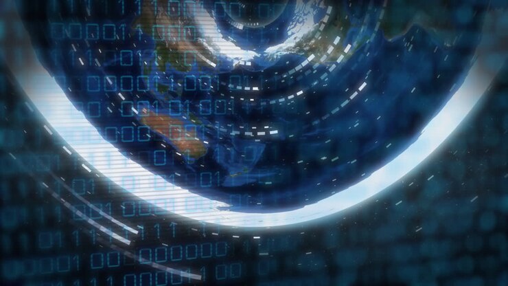 Animasjon av databehandling over et verdenskart på svart bakgrunn
