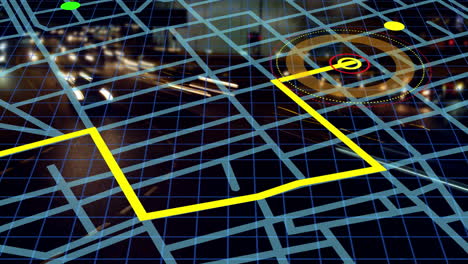 Navigation map line scheme against time-lapse of night city traffic in background