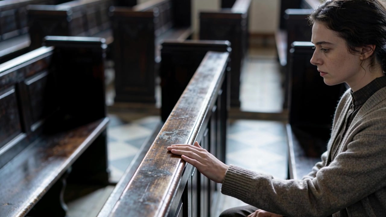 Donna con maglione che accarezza il bordo consumato di un banco in chiesa, riflettendo in silenzio, con spazio per il testo