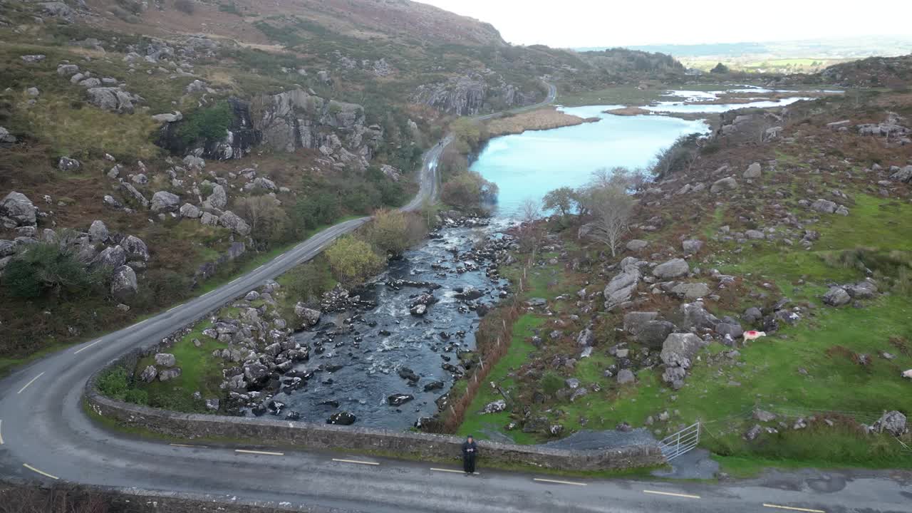 Drone shot of Gap of Dunloe, Bearna or Choim&iacute;n, mountain pass in County Kerry, Ireland