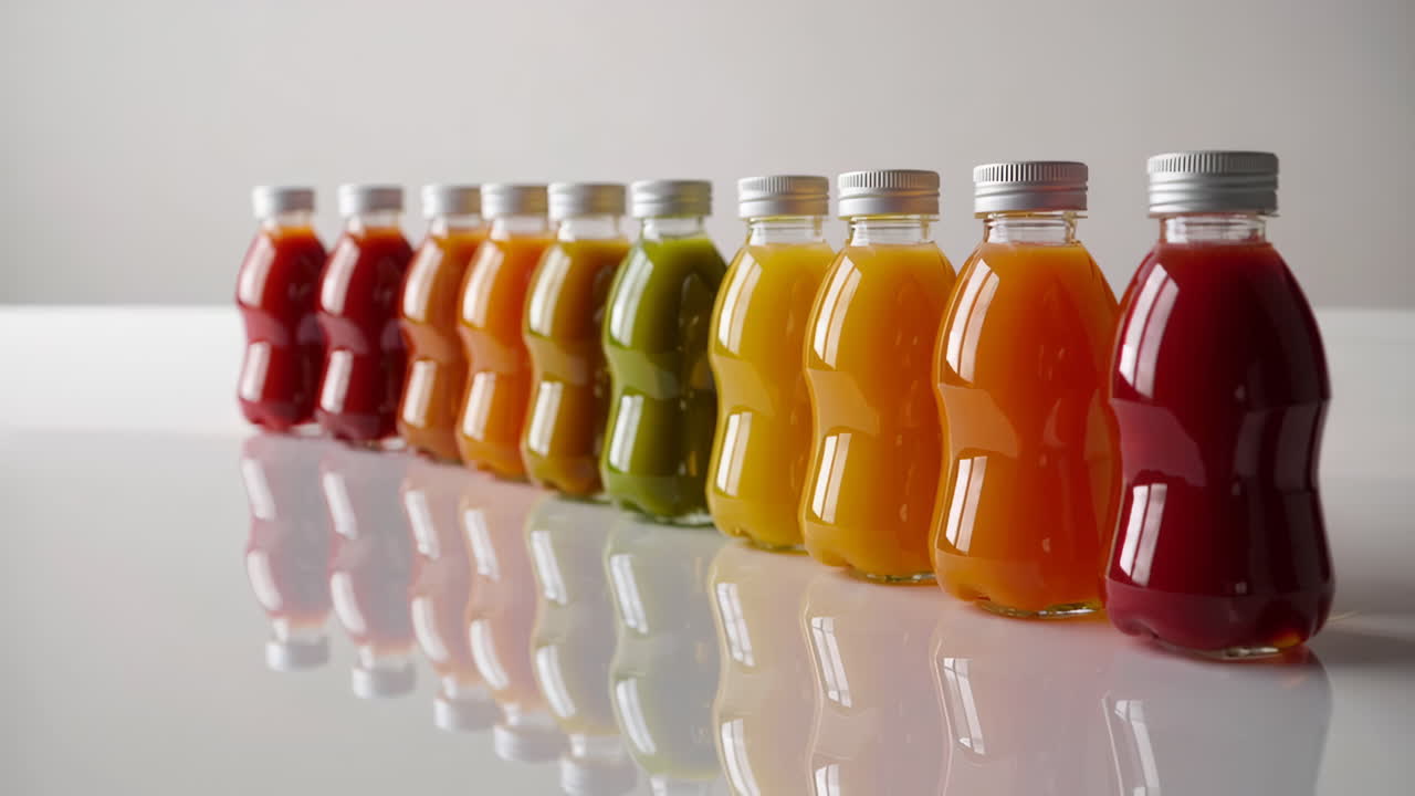 Row of Colorful Juice Bottles on Reflective Surface