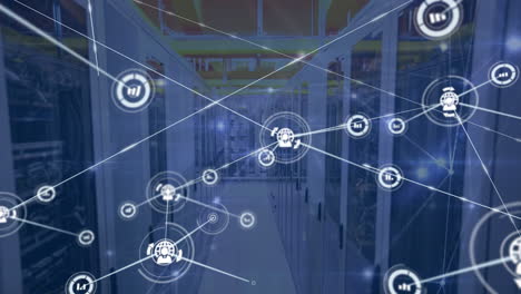 animation of network of connections withicons over computer servers