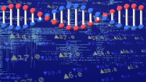 Animation-of-dna-chain-rotating-over-data-processing-in-green-animation-space