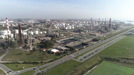 Aerial-Birds-Eye-Drone-View-of-a-Large-Chemical-Products-Refinery-in-Matosinhos,-Portugal