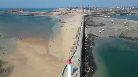 lighthouse on breakwater saint-malo france drone , aerial , view from air