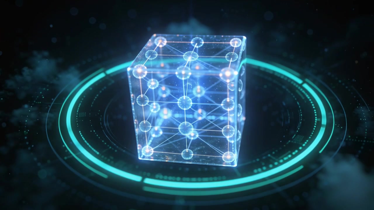 Activating teal HUD causing holographic cube rotating in dark void, nodes pulsing, visualizing data